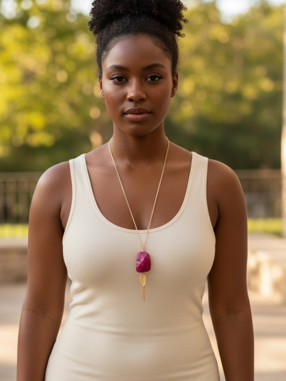 BOHO GOLDTONE LONG CHAIN NECKLACE WITH MAGENTA FACETED STONE PENDANT
